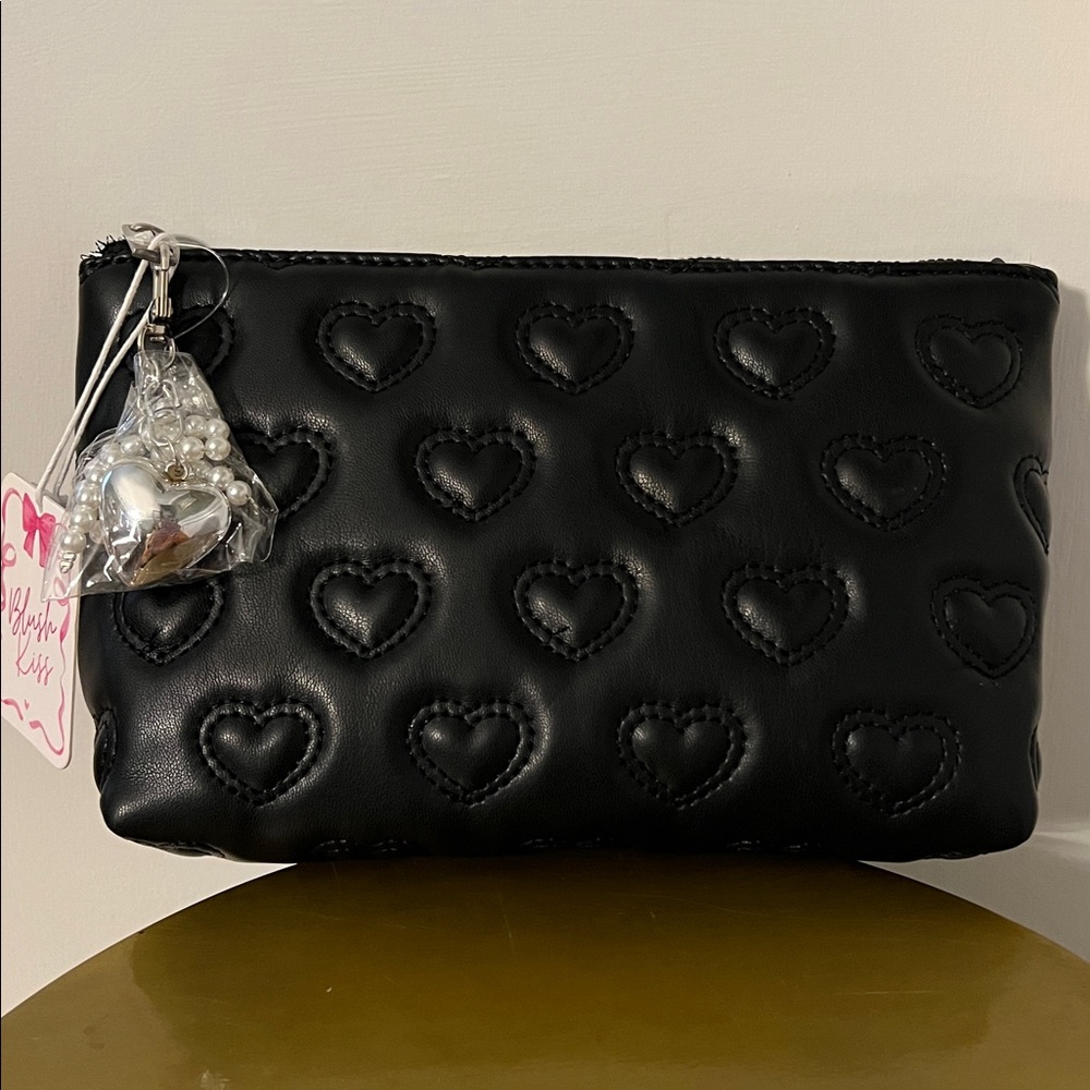 Blush Kiss Black Heart Pattern Cosmetics Bag, NWT with heart bag charm